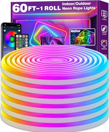 AILBTON 60Ft Neon Rope Lights,Flexible Led Rope Lights Control with App/Remote,Multiple Modes Music Sync Gaming RGB Led Neon Lights for Bedroom Outdoor - size: 60FT