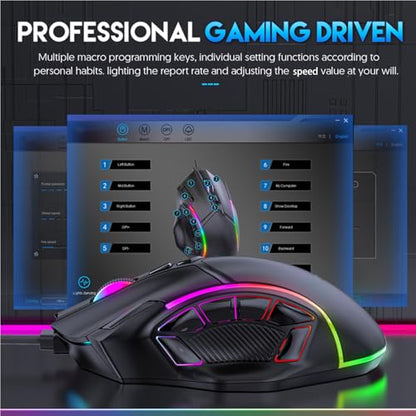 RGB Gaming Mouse, Customizable Buttons, 12800DPI, 13 Light Effects, 1000Hz Polling Rate, Wired Gaming Mouse for Computer Laptop, Ergonomic Design for Long Sessions