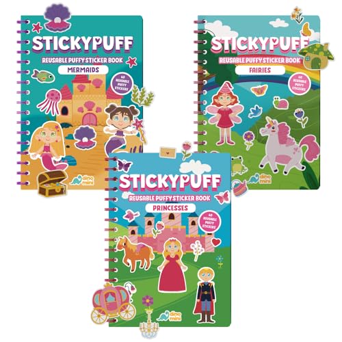 DINO MINI Stickypuff Value Pack - 3 Reusable Puffy Sticker Book for Toddlers - Puffy Stickers for Toddlers - Travel Activities for Kids Ages 4-8 - Screen Free Birthday Gifts (Wonderland) - color: Wonderland