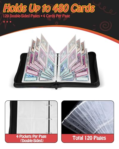 4-Pocket Trading Card Binder, 120 Pages Holds 480 Cards, PU Leather Side-Loading Card Album, Acid-Free Archival Sleeves, Durable Card Organizer for MTG, TCG and Sports Cards, Birthday & Christmas Gift - color: 4-Yellow