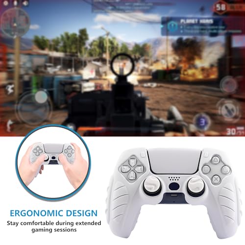 Ergonomic Soft Grip Skin Compatible PS5 Controller Cover, Anti-Slip Silicone with 6 Thumb Grips Accessories Set for PlayStation 5 (Clear Gray) - color: White