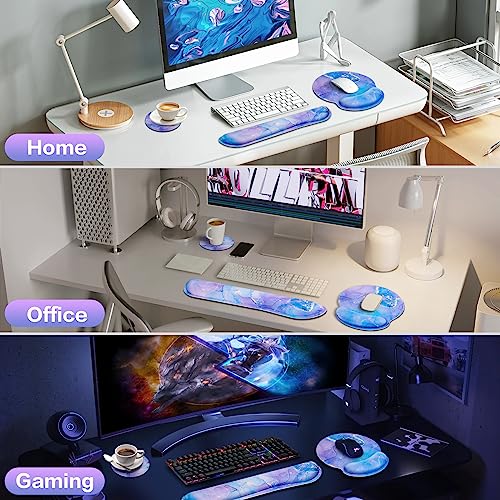 Mouse Pad Purple, Mouse Pad with Wrist Rest Set, 3-in-1 | Wrist Support Mousepad Set,Gaming with Anti-Skid Base,Ergonomic Memory Foam Keyboard Gel Wrist Rest - color: Purple Blue Marble