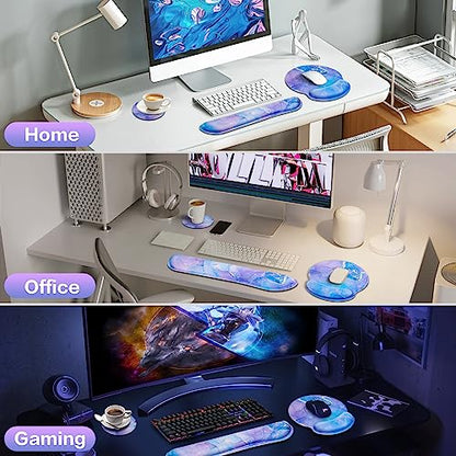 Mouse Pad Purple, Mouse Pad with Wrist Rest Set, 3-in-1 | Wrist Support Mousepad Set,Gaming with Anti-Skid Base,Ergonomic Memory Foam Keyboard Gel Wrist Rest - color: Purple Blue Marble