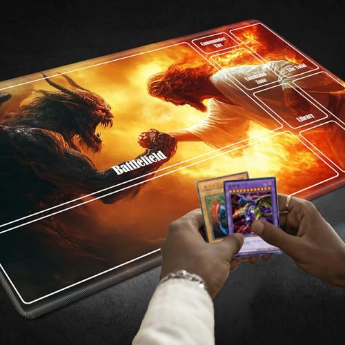 MTG Playmat with Zones, TCG Card Game Play Mat with Stitched Edges, Non-Slip Rubber Base Gaming Desk Mat, Smooth Surface 24 x 14 Inch, Jesus Christ Fight The Devil - color: Jesus Christ Fight the Devil, size: Zone 1