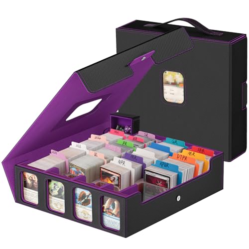 Trading Card Storage Box - 3200+ MTG Deck Box with Commander Display & Portable Handle, 4-Row Card Case Compatible for MTG/TCG/Magic Cards, 30 Colorful Divider, 8 Card Supporters (Black & Purple) - color: Black & Purple, size: 3200+