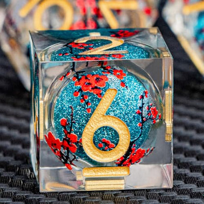 ARUOHHA DND Resin Dice Plum Blossom Liquid Core Dice Golden Blue Sharp Edged Polyhedral Dragons Dice Set with Gift Box, Dungeons D and D Dice Role Playing Game D20 D12 D10 D8 D6 D4 - color: Flower&golden Blue
