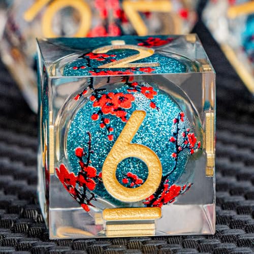 ARUOHHA DND Resin Dice Plum Blossom Liquid Core Dice Golden Blue Sharp Edged Polyhedral Dragons Dice Set with Gift Box, Dungeons D and D Dice Role Playing Game D20 D12 D10 D8 D6 D4 - color: Flower&golden Blue