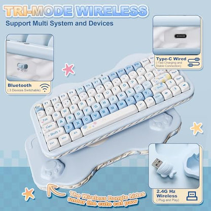 YUNZII C75 Wireless Mechanical Keyboard,75% Layout, Hot-Swappable NKRO,BT5.0/2.4G/USB-C Mode,Dye-Sub PBT MOA Keycaps,RGB Gasket Mount,Cute Cake Design for Mac/Win/Gaming (Blue, Candy Switch) - color: Blue, size: Candy Switch