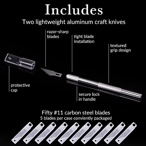 WA Portman Hobby Knife Set, 2pc Precision Craft Knife Set with 50 Blades | Craft Knife Set with 50pc SK5#11 Steel Exacto Knife Blade, Craft Art Sticker Cutter for Modeling, Fondant, Leather, Clay Tool - size: 2 Knives 50 Blades