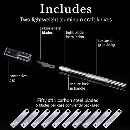 WA Portman Hobby Knife Set, 2pc Precision Craft Knife Set with 50 Blades | Craft Knife Set with 50pc SK5#11 Steel Exacto Knife Blade, Craft Art Sticker Cutter for Modeling, Fondant, Leather, Clay Tool - size: 2 Knives 50 Blades