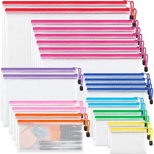 JARLINK 24 Pcs Mesh Zipper Pouch Bags, 8 Sizes Waterproof Zipper Bags | Multi-use Travel Bags for Office, School, Board Game, Puzzles, Cosmetics, Travel Accessories, and Home Organization, 9 colors - style: 24pcs