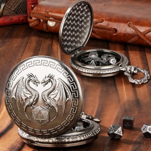 Mini DND Dice Set with Steampunk Double Dragon Pocket Watch Case, Tiny 7-Piece Polyhedral Metal D&D Dice, DND Gifts with Gift Box, Role Playing Game Board Game Accessories Dice, Dark Silver - color: Dark Silver