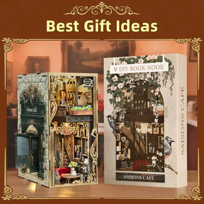 MiniCity Book Nook Kit, DIY Miniature Dollhouse Book Nook Kit with Dust Cover and LED Light (Saisons Café) | 7.1 x 4.3 x 9.1 in; 347 pieces, LED and dust cover; glue/tools and guide included; 8-10 hr DIY build for display, ages 14+. - style: Saisons Café