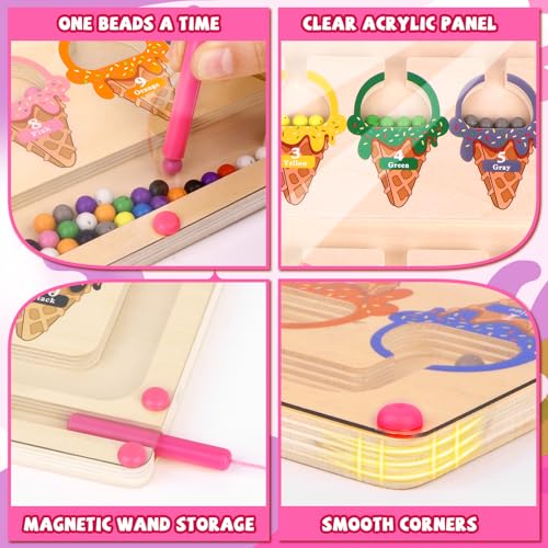 wakeInsa Magnetic Color and Number Maze,Montessori Toy for 2-5 Years Old Girls,Wooden Magnet Balls Puzzles,Toddler Busy Board Game,Preschool Learning Activities,Christmas & Birthday Gift for Kids - style: Magnet Toys - Ice Cream