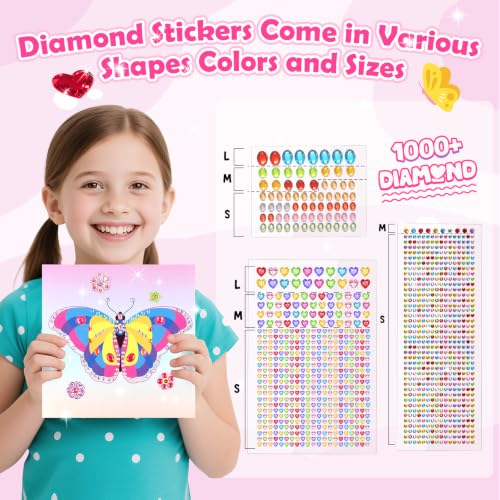 Gem Art Sticker Kit,Diamond Art Sticker Crafts for Kids Ages 4-12 | 8 Butterfly Theme, 1000+ Gems, No glue, No mess, Gemstone Sticker Arts and Crafts for Kids, Christmas Birthday Gift for Girls - color: Rose-Butterfly