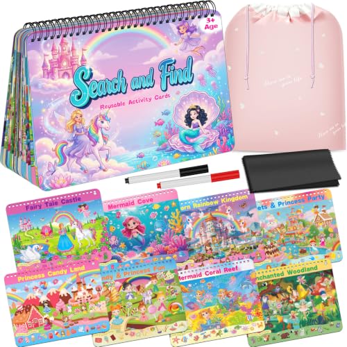 Elfew Search and Find Reusable Activity Book for Girls 3-5, 4-8 | 24 Unique Themed, With 2 Markers, Wipe Cloth & Storage Pouch, Quiet Travel Toy Gift for Toddler Kids 3-8 - color: Search and Find Girl