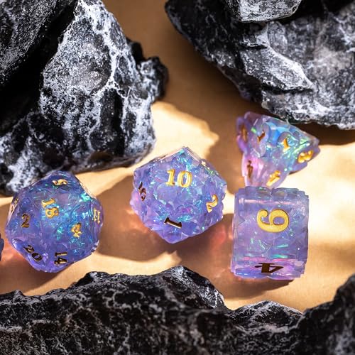 Cusdie Sharp Edge DND Dice, 7 PCS Shamrock DND Dice Set D&D D20 D12 D10 D8 D6 D4, Handcrafted Polyhedral Dice Set for RPG and Other Table Games(Purple) - color: Purple