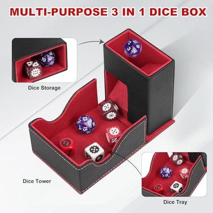 Dice Roller Tower, Magnetic Dice Tray for Rolling, Foldable Leather Dice Organizer Tower Fits for Dungeons & Dragons, MTG DM and Player, Black & Red - color: Black & Red, style: Style A