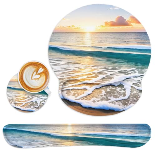 Ergonomic Mouse Pad Set with Wrist Rest, Beach Summer Sun | Non-Slip Rubber Base Wrist Cushion Support and Coasters Mousepad with Wrist Support for Computer Keyboard - color: Beach Summer Sun