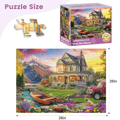 1000 Piece Puzzles for Adults, Autumn Landscape Jigsaw Puzzle, Villa and Dog Jigsaw Puzzles 1000 Pieces, Challenging Game Home Decor Birthday Party Gift Toy for Adults Kids Seniors, 28×20 in - style: Villa and Dog
