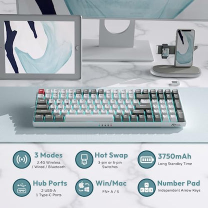 RK ROYAL KLUDGE RK100 Wireless Mechanical Keyboard RGB Backlit Bluetooth5.1/2.4G/Wired 96% Full Size 100-Key Hot Swappable Gaming Keyboard Red Switch Classic - color: Classic, size: Hot Swappable Red Switch
