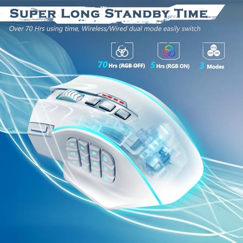 Redragon Wireless Gaming Mouse, MMO Gaming Mouse UP 16,000 DPI, 16 Macro Programmable Buttons, RGB Rechargeable Mouse with 12 Side Buttons, 70Hrs for PC Laptop MOBA FPS, White,M901P-WS - color: white