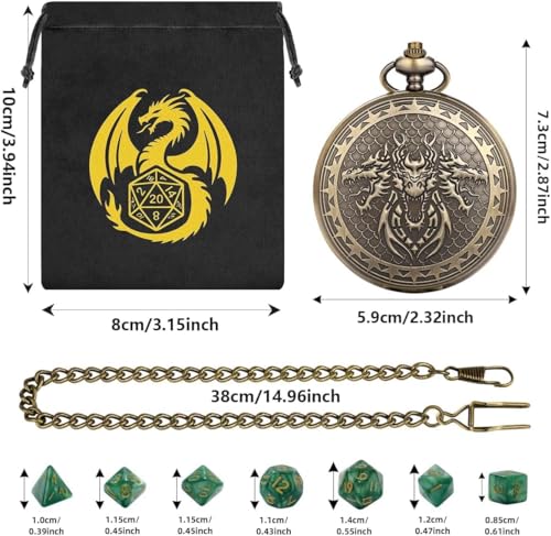 Acrylic DND Dice Set, Retro Dragon Pocket Watch Dice Set with Chain, 7pcs Polyhedral Dice, DND Starter Set, RPG Board Game Accessories, D&D Gifts for Fantasy Gamer, Gifts for Men Women, Green Dice - color: 3 Dragon Head C