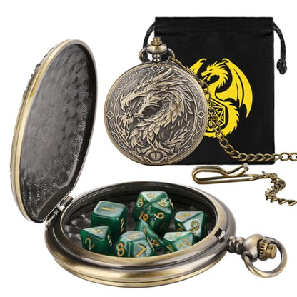 Mini DND Dice Set with Steampunk Dragon Large Pocket Watch Shell Case, 7-Piece Polyhedral Acrylic D&D Dice, DND Gift Bag with Dragon Logo, Role Play Board Game Accessories, Bronze + Green - color: Bronze + Green