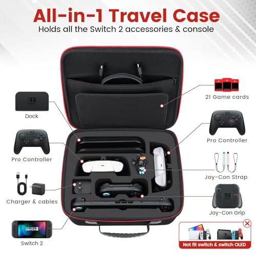 Migitec All-In-1 Travel Carrying Case Compatible with Nintendo Switch 2 | Protective Hard Case for Switch 2 Console, Dock, Pro Controllers, Joy-Con Grip, Power Adapter, 21 Games, Cables & Accessories