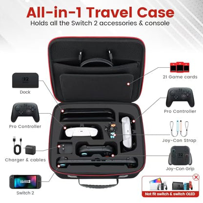 Migitec All-In-1 Travel Carrying Case Compatible with Nintendo Switch 2 | Protective Hard Case for Switch 2 Console, Dock, Pro Controllers, Joy-Con Grip, Power Adapter, 21 Games, Cables & Accessories