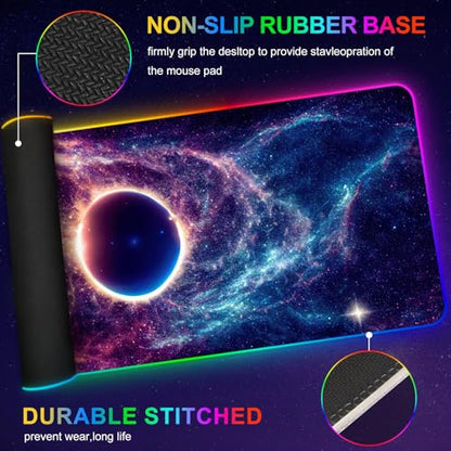RGB Gaming Mouse Pad, Large Mousepad with Led Light, Cosmic Starry Sky Keyboard Pad Gaming Accessories for Desk, Non-Slip Rubber Base Big Mouse Mat for Gamer - color: Cosmic Starry Sky