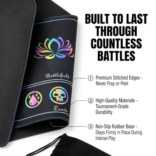 Holographic TCG Playmat Compatible with MTG - 24x14 Iridescent Rainbow Foil Card Game Mat, Borderless 5-Element Art, Stitched Edges & Anti-Slip Rubber Base for Tabletop Gaming (Basicland2) - color: Basicland2