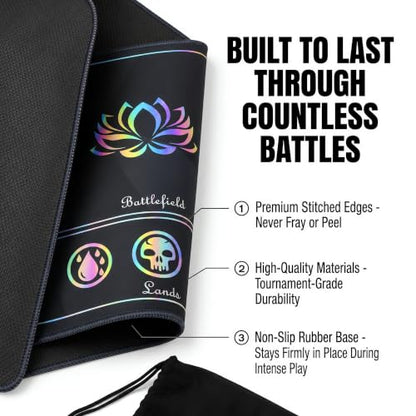 Holographic TCG Playmat Compatible with MTG - 24x14 Iridescent Rainbow Foil Card Game Mat, Borderless 5-Element Art, Stitched Edges & Anti-Slip Rubber Base for Tabletop Gaming (Basicland2) - color: Basicland2