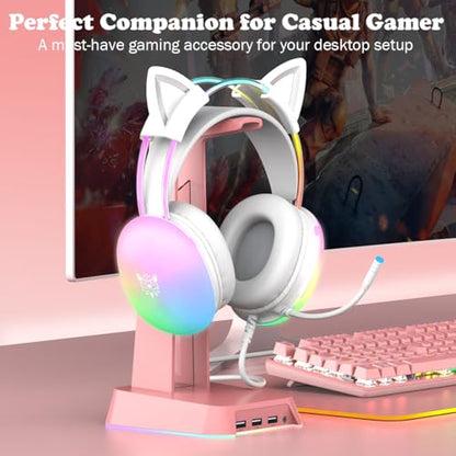 Cat Ear Gaming Headset with Microphone, RGB Rainbow Lighting, Surround Sound, 3.5mm Wired Over-Ear Headphones for PC/PS4/PS5/Switch/Laptop, Lightweight and Adjustable Headband - color: White Cat Ears