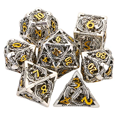 Metal DND Dice Set Dungeons and Dragon Dice Set Hollow Dragon Polyhedral Magic 7 PCS Dice Set with Gift Metal Box for Dungeons and Dragons Table Games Play Cards MTG(Dragon_Ancient Silver and Gold) - color: Dragon_ancient Silver and Gold