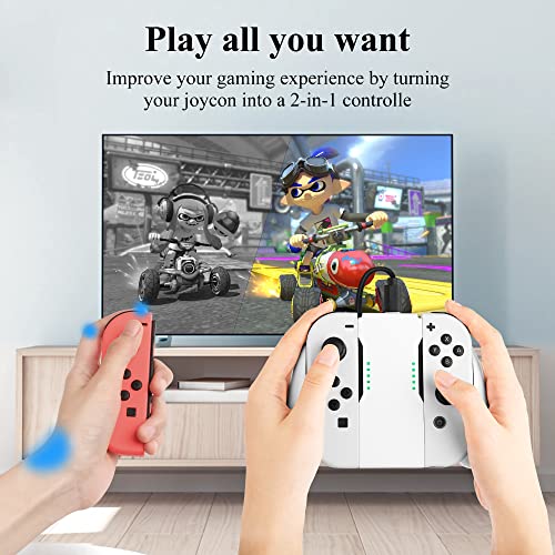 GLDRAM Joypads Charger for Nintendo Switch & Switch OLED Accessories, Switch Controller Charging Grip with LED Indicator, Charging Cable and 6 Thumb Caps, Charger Dock Stand-White