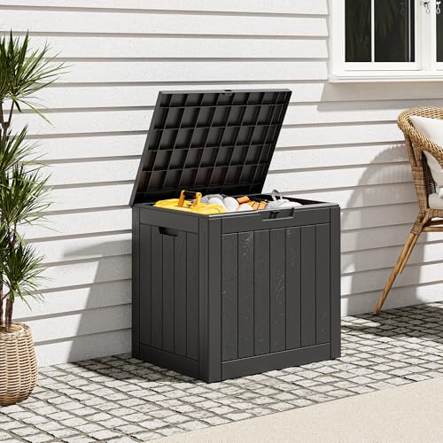 Outdoor Storage Box, Resin Deck Boxes Indoor and outdoor, Waterproof Storage Box Lockable Lid (Black,32 Gallon) - color: Striped Black, style: 32 Gallon