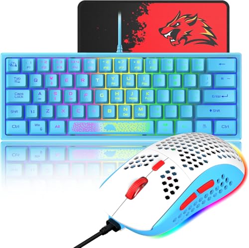 60% Gaming Keyboard and Mouse Combo Samll Mini RGB Backlight Mechanical Feeling and Honeycomb Optical Mouse, Mouse pad for Gamers and Typists - color: Blue