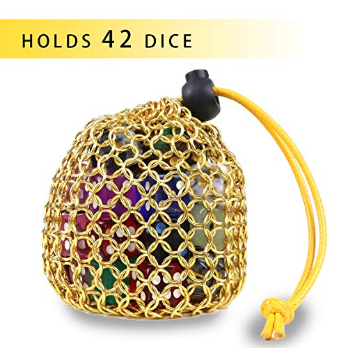 YOUSHARES Chainmail D&D Dice Bag for Dungeo and Drago Drawstring Stainless Steel Dice Bag Dice Set (Hold 42 DND Dice, Gold) - color: Gold