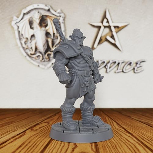 AUSPDICE Heroic Unpainted Fantasy Minis, 32mm Half Orc Warrior Figure-AS406 | Half Orc Warrior with Shoulder Armor and Sheathed Sword for Role Playing, DND, TTRPGs, Dungeon Masters and Tabletop Gaming