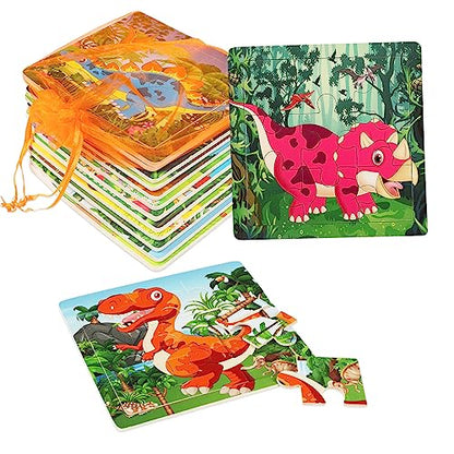 SANNIX 12 Pack Dinosaurs Animals Jigsaw Puzzles with 12 Organize Bags | Wooden Dinosaurs Toddlers Puzzles, for Kids Ages 3-6, Party Favors Educational Learning, Travel Toys for Boys and Girls - style: Dinosaurs + Animals