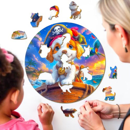 Animal Wooden Puzzles for Kids - Pirate Puppy (11.4 * 11.4 in) | 50 Piece Puzzles for Kids Ages 6-8, Kids Puzzles with Unique Animal Shapes, Round Gift for Girls and Boys - color: Pirate Puppy