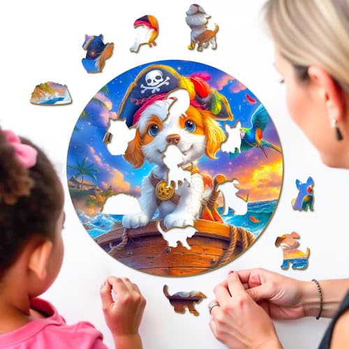 Animal Wooden Puzzles for Kids - Pirate Puppy (11.4 * 11.4 in) | 50 Piece Puzzles for Kids Ages 6-8, Kids Puzzles with Unique Animal Shapes, Round Gift for Girls and Boys - color: Pirate Puppy