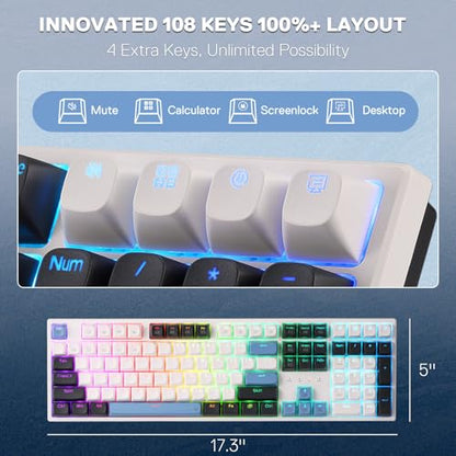 Redragon K668 108-Key Hot-Swap Wired RGB Gaming Keyboard, Extra 4 Hotkeys | Dedicated Shortcut Keys for Mute, Calc & Desktop, Cushioned Noise Dampening for Creamy Thocky Sound, Swap-Ready, PRO Software - color: Glacier Azure