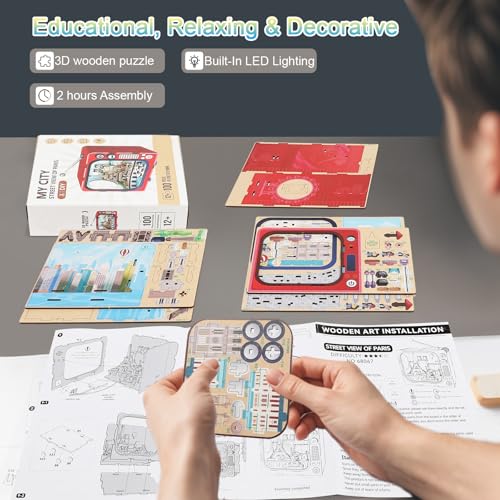 Street View of Paris 3D Wooden Puzzle with LED Lights, DIY Craft Model Kit for Adults & Kids, Elegant Home Decor and Creative Gift Idea - style: Street View of Paris