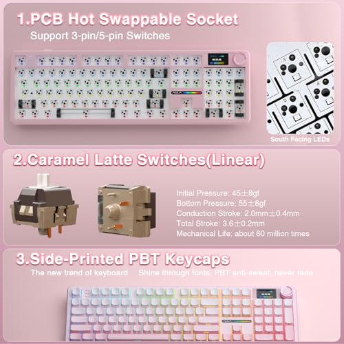 AULA F108 PRO - Wireless Mechanical Keyboard with Screen & Knob,Full Size Keyboard with 8000mAh Battery,Pre-lubed Switches,Side Printed PBT Keycaps,RGB Backlit Hot Swappable Custom Pink Keyboards - color: Pink