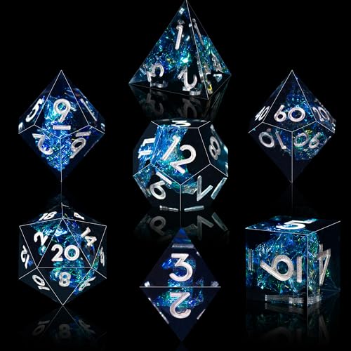 AUSTOR 7-Die DND Dice Set Handmade Sharp Edge Polyhedral Dice for Dungeons and Dragons D&D RPG MTG Table Games（Dark Star, Silver） - color: Dark Star,silver
