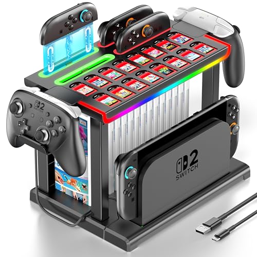 Switch 2 RGB Organizer Station with Controller Charging Dock, Switch 2 Storage Stand, Joycon 2 Charger, Gaming Accessories Holds TV Dock, 16 Game Cases, 16 Game Cards and 2 Pro Controllers - color: Black, size: M-Black-Switch 2