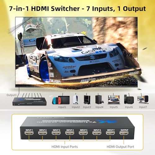 BolAAzuL 7 Port HDMI Switch 7 in 1 Out 4K@60Hz HDMI Selector Box w/Power | Hub HDMI Switcher 7x1 HDMI Port Expander 7-Way Support 3D HDCP2.2 HDR for NS PS5 Xbox Series X HDTV PC Roku Fire Stick