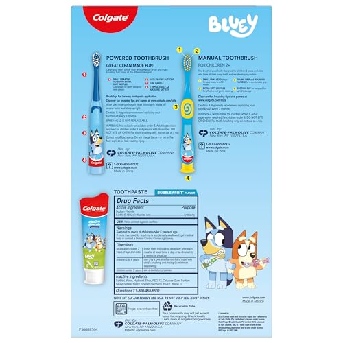 Colgate Kids Bluey Toothbrush and Kids Toothpaste Gift Set, Includes Bluey-Themed Battery Toothbrush, 2 Bubblegum Flavored Fluoride Toothpastes, and 2 Manual Toothbrushes - style: Bluey